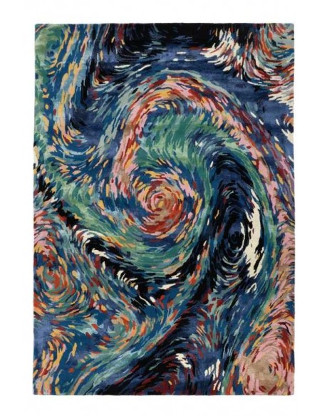 Tappeto moderno Flores Blue, collezione Hand Made, 50% viscosa 50% lana, fatto a mano in India.