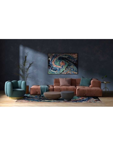 Tappeto moderno Flores Blue, collezione Hand Made, 50% viscosa 50% lana, fatto a mano in India.