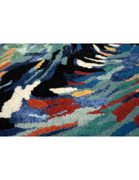 Tappeto moderno Flores Blue, collezione Hand Made, 50% viscosa 50% lana, fatto a mano in India.