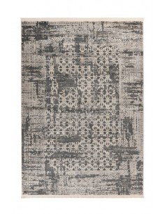 Tappeto moderno grigio con design tribale e resistente al tempo.