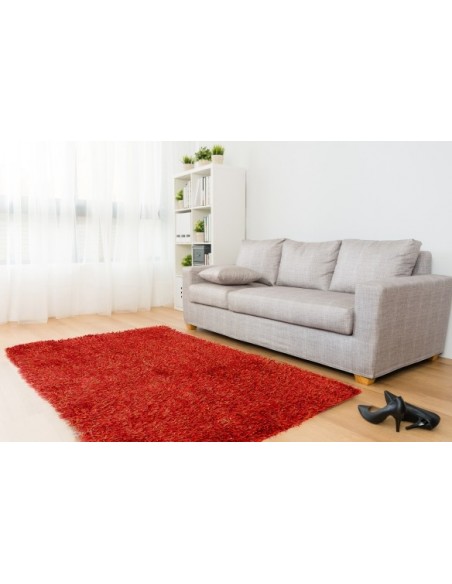 Tappeto moderno arancione, morbido e resistente, per ambiente accogliente.