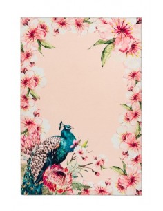 Tappeto moderno con pavone e fiori, elegante e resistente.