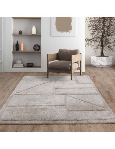 Elevate your space with the Horizon Sand boho rug, featuring a modern geometric design, soft pile, and durable, easy-care polye