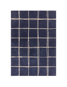 Tappeto Albany Grid Marine in lana naturale, design geometrico moderno, perfetto per soggiorni contemporanei eleganti e confort
