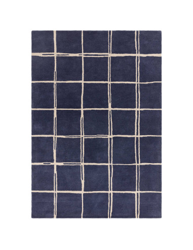 Tappeto Albany Grid Marine in lana naturale, design geometrico moderno, perfetto per soggiorni contemporanei eleganti e confort