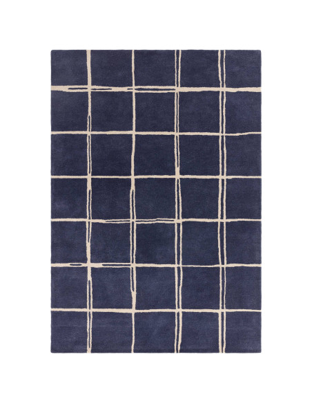 Tappeto Albany Grid Marine in lana naturale, design geometrico moderno, perfetto per soggiorni contemporanei eleganti e confort