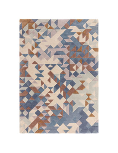 Elevate your space with the Enigma Blue Multi modern designer rug, featuring a plush geometric design in soft blues and warm ne