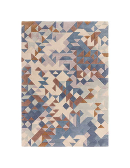 Elevate your space with the Enigma Blue Multi modern designer rug, featuring a plush geometric design in soft blues and warm ne
