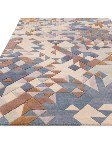 Elevate your space with the Enigma Blue Multi modern designer rug, featuring a plush geometric design in soft blues and warm ne