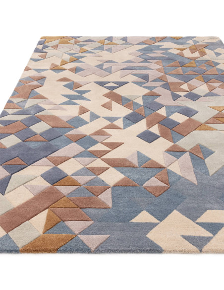 Elevate your space with the Enigma Blue Multi modern designer rug, featuring a plush geometric design in soft blues and warm ne