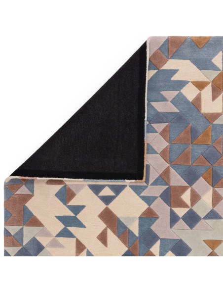 Elevate your space with the Enigma Blue Multi modern designer rug, featuring a plush geometric design in soft blues and warm ne