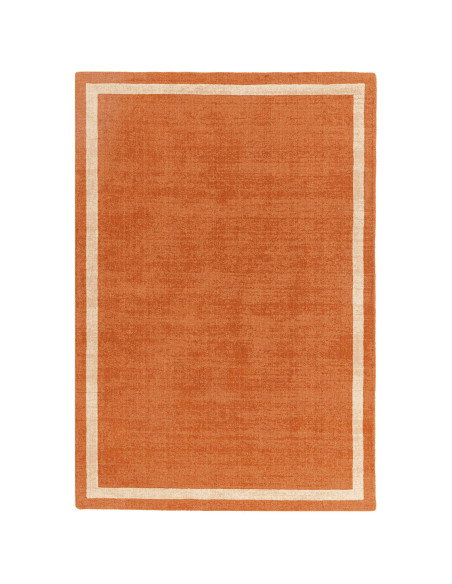 Tappeto Albi Orange in lana naturale, tinta unita con cornice geometrica, perfetto per ambienti minimal e moderni. Comfort e st
