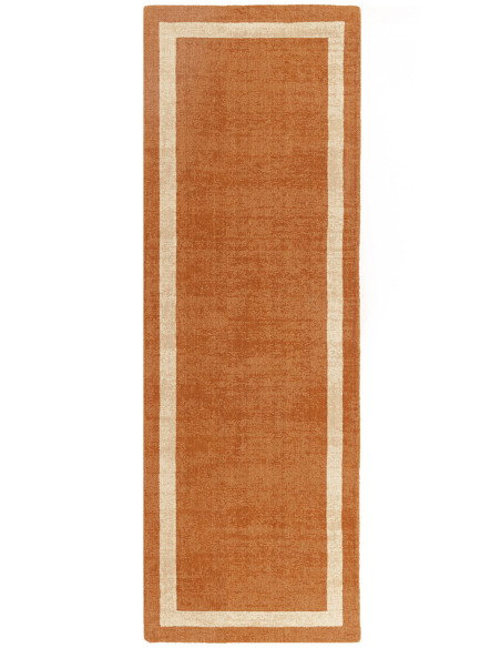 Tappeto Albi Orange in lana naturale, tinta unita con cornice geometrica, perfetto per ambienti minimal e moderni. Comfort e st