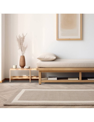 Elevate your space with the Albi Sand rug— a minimalist rug featuring a neutral tone and elegant geometric border for timeless