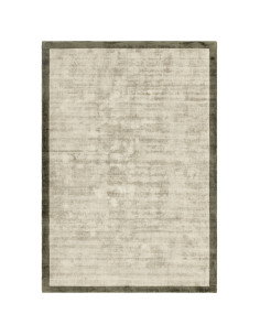 Tappeto minimal in viscosa naturale con cornice geometrica verde salvia, elegante e versatile, perfetto per ambienti moderni e