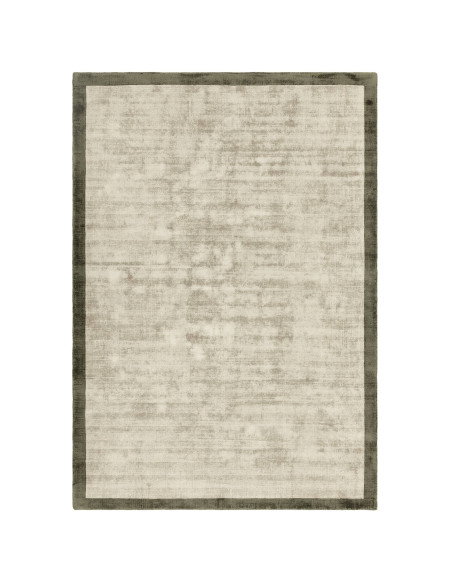 Tappeto minimal in viscosa naturale con cornice geometrica verde salvia, elegante e versatile, perfetto per ambienti moderni e