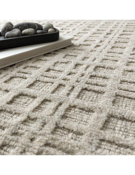 Elevate your space with the Thatch Greige rug, a handcrafted minimalist rug featuring a soft neutral tone and elegant geometric
