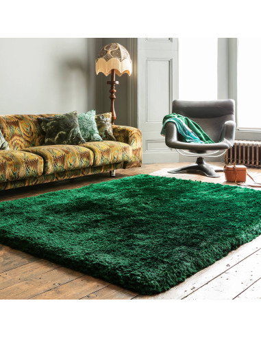 Add luxurious softness and vibrant emerald color to your space with this durable, hand-made plush shaggy rug—perfect for any mo