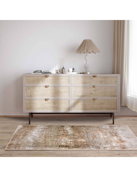 Elevate your space with the Aurora AU01 Dune, a modern luxury rug featuring a stunning silk look and durable, easy-care viscose