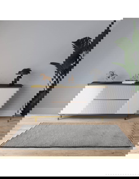 Elevate your space with the Kuza Plain Stripe Khaki rug, a modern luxury rug featuring a silk look and subtle geometric stripes