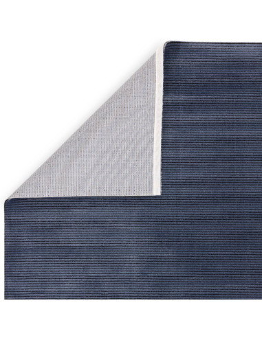 Elevate your space with the Kuza Plain Stripe Navy rug, a modern luxury rug featuring a silk look finish and plush, durable des