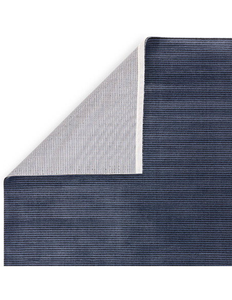 Elevate your space with the Kuza Plain Stripe Navy rug, a modern luxury rug featuring a silk look finish and plush, durable des