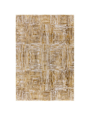 Discover the Kuza Portrait Gold, a modern luxury rug with a lustrous silk look and geometric stripes, perfect for stylish, dura