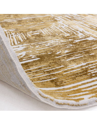 Discover the Kuza Portrait Gold, a modern luxury rug with a lustrous silk look and geometric stripes, perfect for stylish, dura