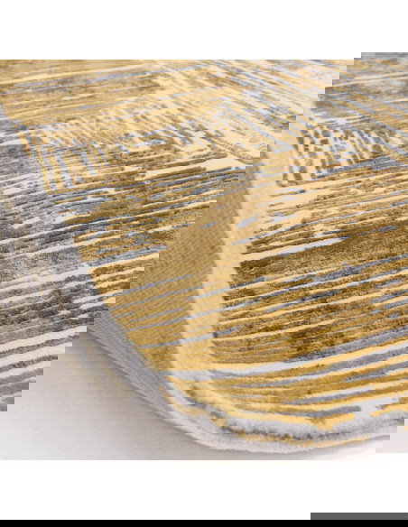 Discover the Kuza Portrait Gold, a modern luxury rug with a lustrous silk look and geometric stripes, perfect for stylish, dura