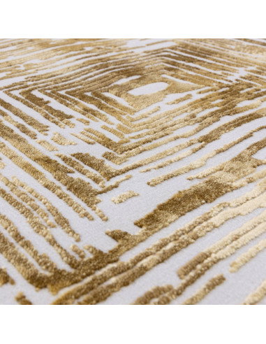 Discover the Kuza Portrait Gold, a modern luxury rug with a lustrous silk look and geometric stripes, perfect for stylish, dura