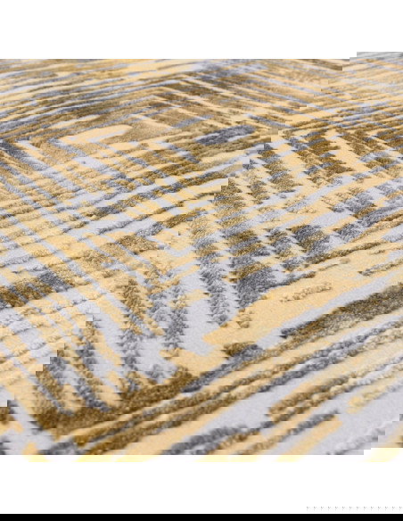 Discover the Kuza Portrait Gold, a modern luxury rug with a lustrous silk look and geometric stripes, perfect for stylish, dura