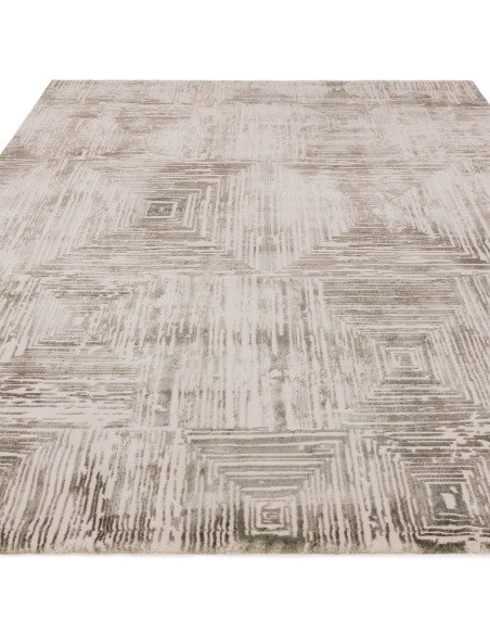 Discover the Kuza Portrait Khaki, a modern luxury rug with a lustrous geometric stripe design, blending style, comfort, and eas