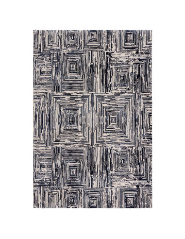 Elevate your space with the Kuza Portrait Navy modern luxury rug, featuring a lustrous geometric design and soft, durable synth