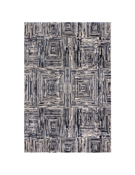 Elevate your space with the Kuza Portrait Navy modern luxury rug, featuring a lustrous geometric design and soft, durable synth