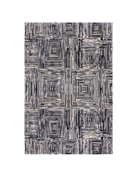 Tappeto Kuza Portrait Navy: design geometrico moderno, effetto seta lucido e luminoso, perfetto per ambienti eleganti e di gran