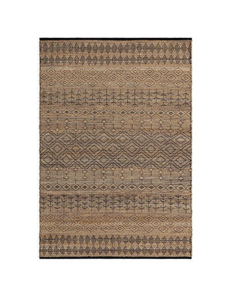 Tappeto Asher Black in juta naturale con design geometrico berbero, perfetto per un soggiorno elegante e sostenibile. Resistent