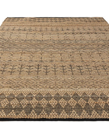 Tappeto Asher Black in juta naturale con design geometrico berbero, perfetto per un soggiorno elegante e sostenibile. Resistent