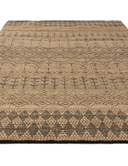 Tappeto Asher Black in juta naturale con design geometrico berbero, perfetto per un soggiorno elegante e sostenibile. Resistent