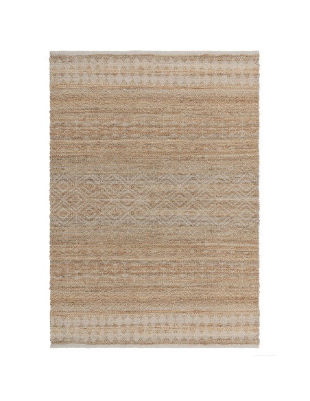 Handwoven natural fibre rug with geometric Berber pattern, crafted from jute blend for durability and eco-friendly style in any