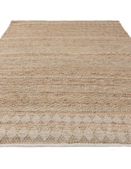 Handwoven natural fibre rug with geometric Berber pattern, crafted from jute blend for durability and eco-friendly style in any