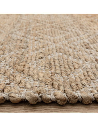 Handwoven natural fibre rug with geometric Berber pattern, crafted from jute blend for durability and eco-friendly style in any