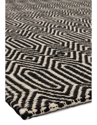 Tappeto Sloan Black in lana e cotone, design geometrico unico per un soggiorno elegante con tappeti fibra naturale resistenti e