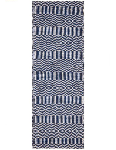 Tappeto Sloan Blue in lana e cotone, design geometrico e fibre naturali, perfetto per un soggiorno moderno e sostenibile.