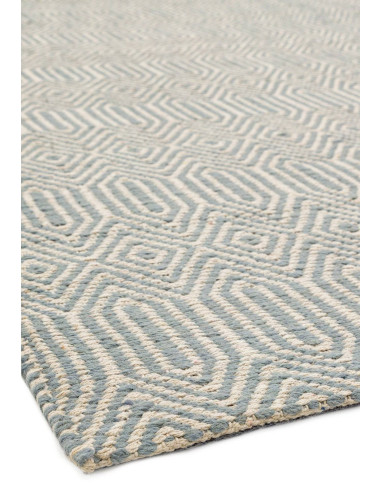 Handwoven natural fibre rug in soothing duck egg blue with geometric design, perfect for adding style and durability to any liv