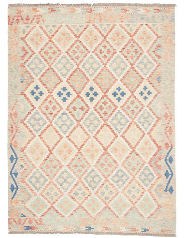 Rug Killim 150x202 Cream With Coral Light Blue
